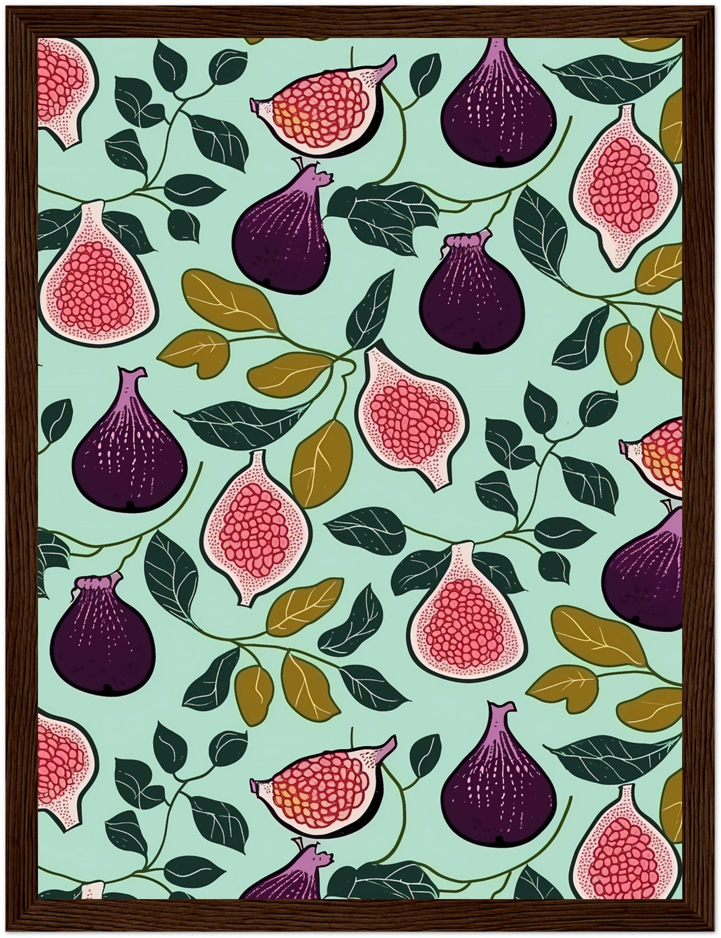 A colorful illustration of figs and pomegranates with leaves on a teal background, framed by a brown border.