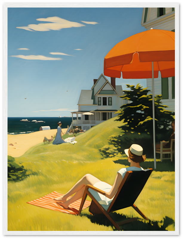 A serene beach scene with a person beneath an orange umbrella, houses nearby, and someone walking along the shore.