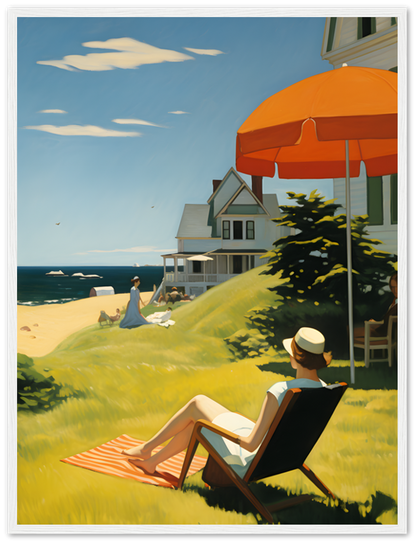 A serene beach scene with a person beneath an orange umbrella, houses nearby, and someone walking along the shore.