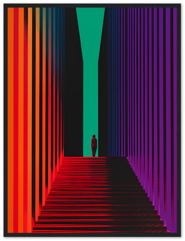 A person standing at the end of a colorful striped hallway with a central perspective.