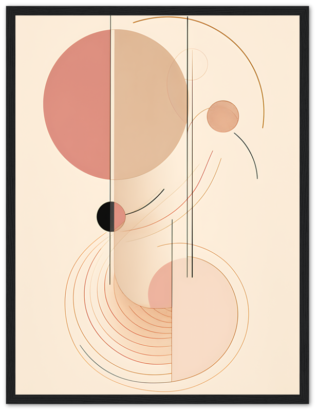 Abstract art with geometric shapes and lines in pastel colors, framed.