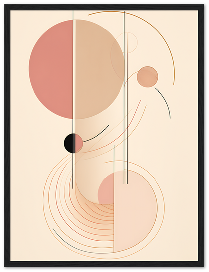 Abstract art with geometric shapes and lines in pastel colors, framed.