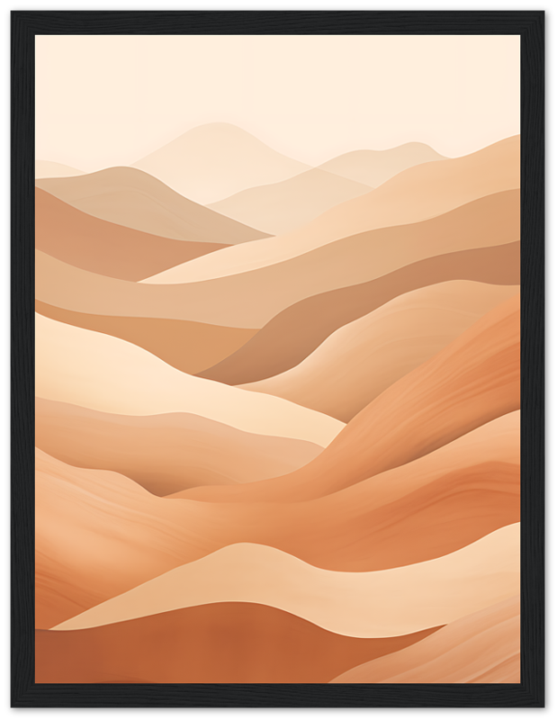 A framed illustration of stylized, wavy brown and beige mountains.
