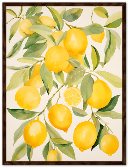 Watercolor painting of vibrant lemons on branches with leaves, framed.