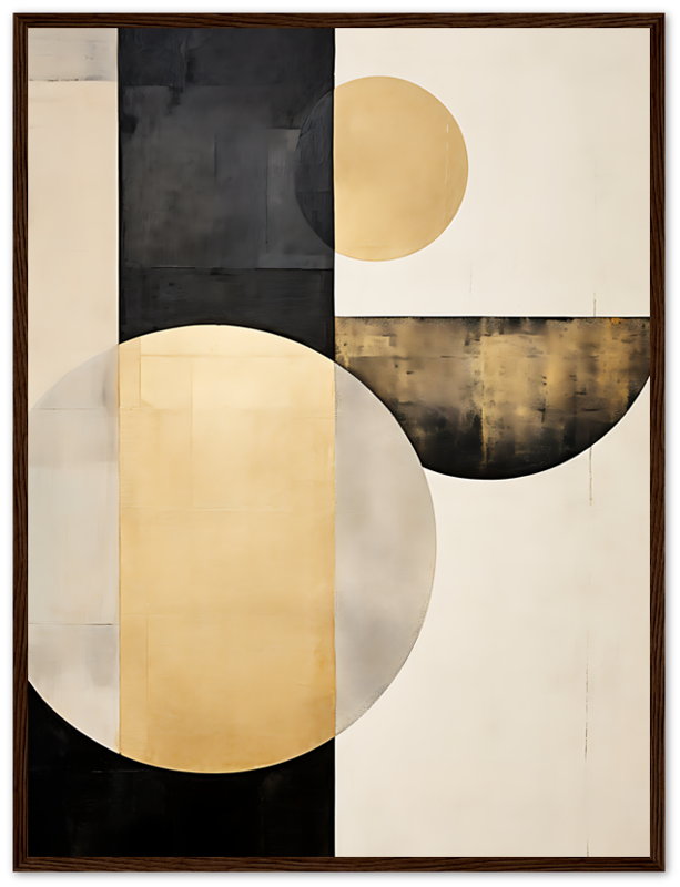 Abstract geometric painting with overlapping circles and rectangles in black, white, and gold tones.