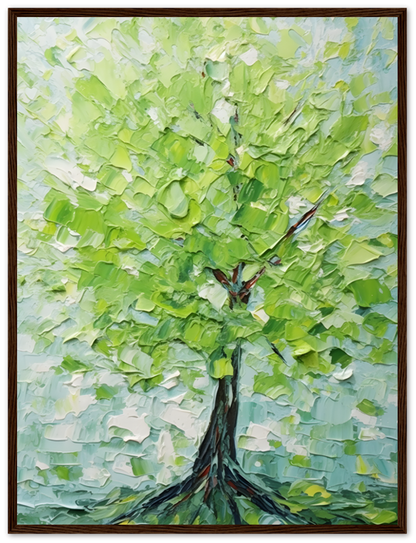 Impasto painting of a vibrant green tree in a dark wooden frame.