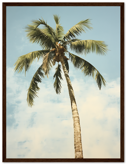 A framed picture of a single palm tree against a cloudy sky.