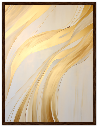 Abstract golden swirls in a framed painting against a light background.