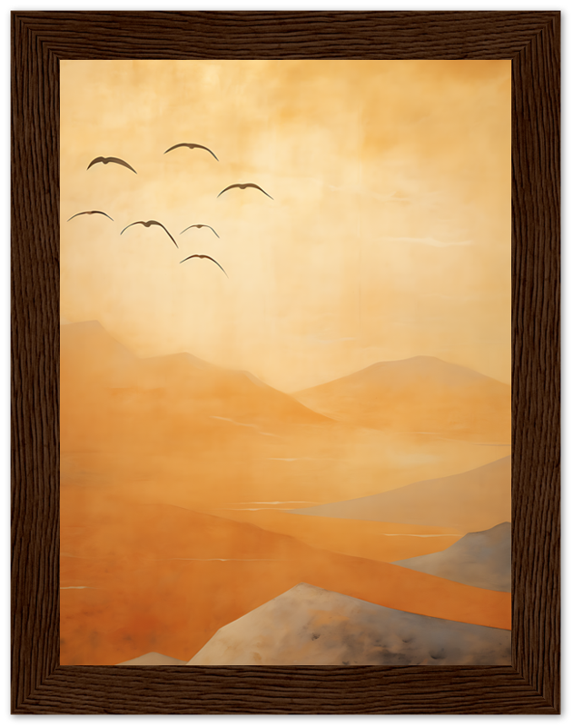 A framed painting of a warm-toned, abstract landscape with mountains and birds in flight.
