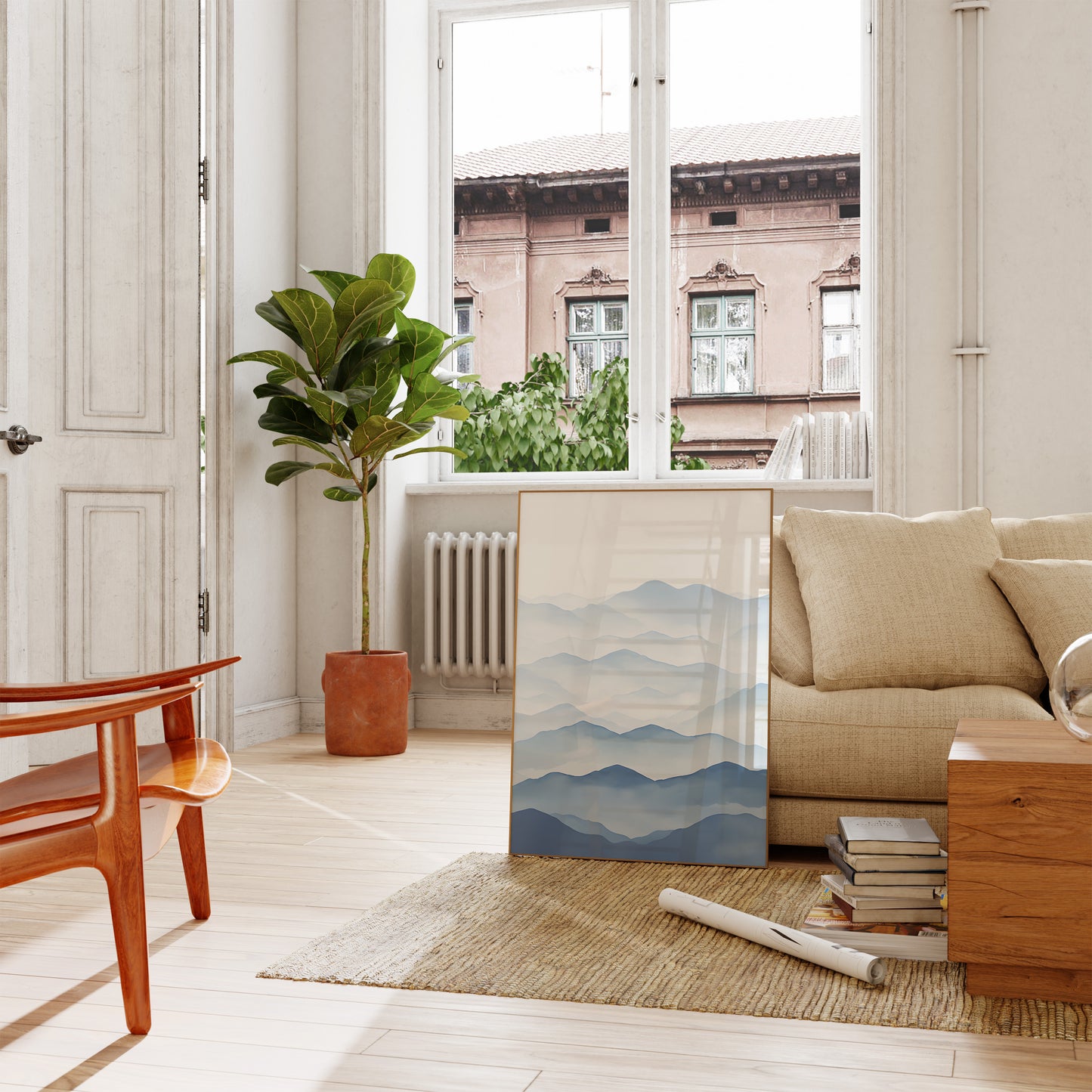 Modern living room with cozy sofa, wooden table, and indoor plant by a window.