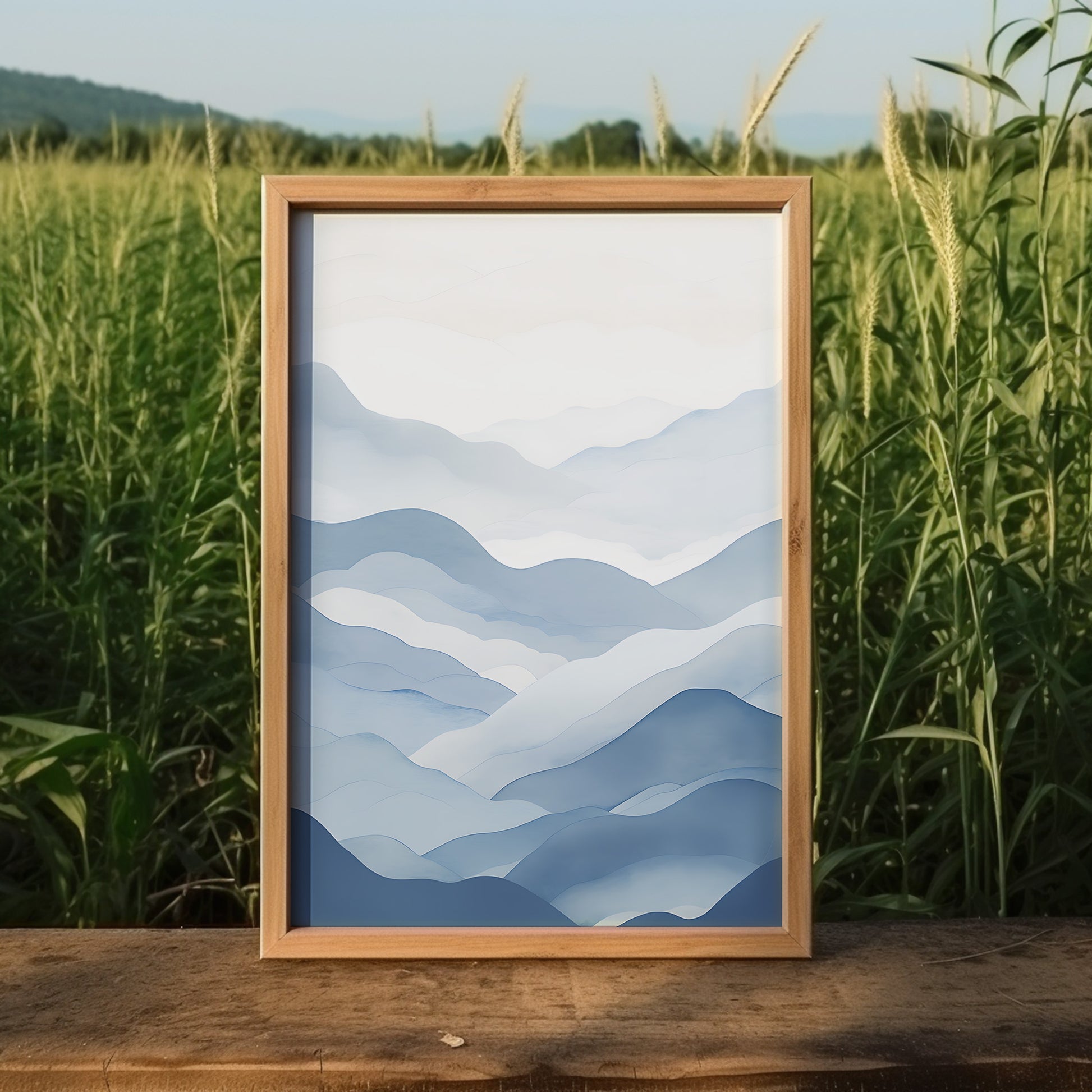 A framed picture of blue mountain ranges displayed outdoors with greenery in the background.