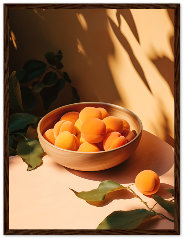 A bowl of apricots in sunlight with shadows and leaves.