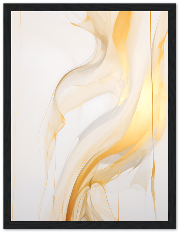 Abstract swirling gold and white art framed in black.
