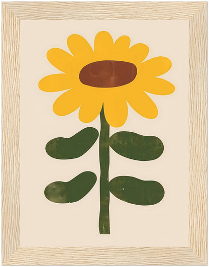 A framed illustration of a simple, stylized yellow sunflower with green leaves.
