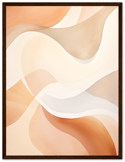 Abstract art with flowing forms in warm tones, framed in dark wood.
