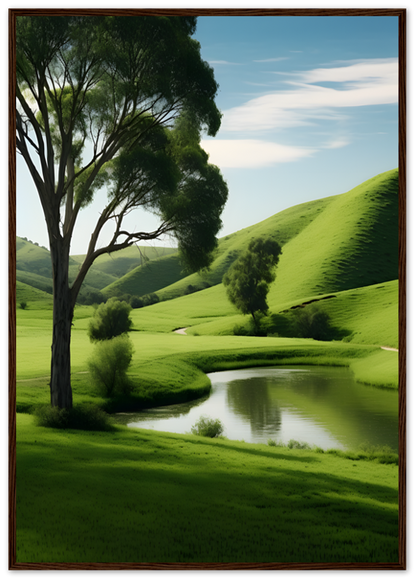 A serene landscape with a tree beside a winding river through green hills.