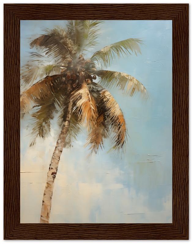 Painting of a palm tree framed with a wooden border.
