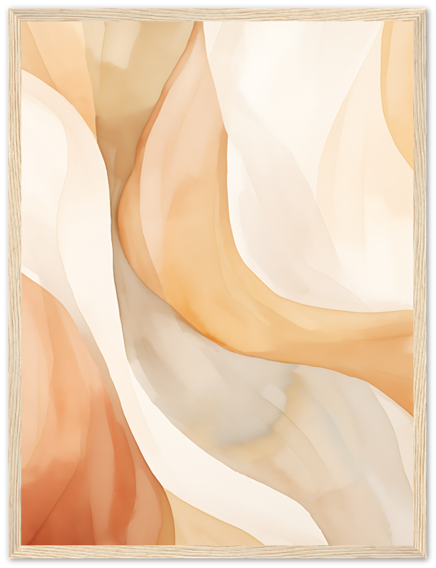 Abstract art with flowing shapes in warm tones framed in beige.