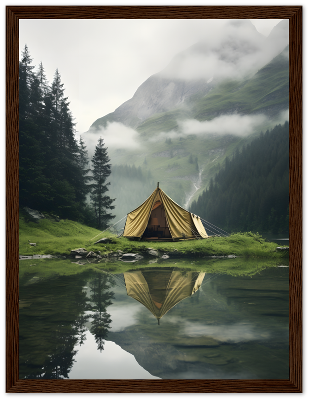 A canvas tent by a tranquil mountain lake with a reflection and misty hills in the background, framed by wood.