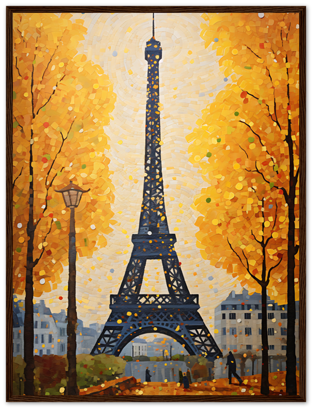 An impressionist-style painting of the Eiffel Tower framed by golden autumn trees.