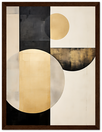 Abstract painting with geometric shapes and earthy tones in a dark wooden frame.