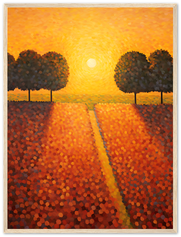 Impressionist-style painting of a sunset over a tree-lined path.