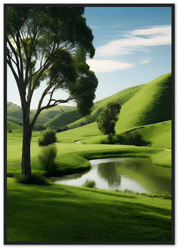 A framed image depicting a serene landscape with green hills, trees, and a small pond.