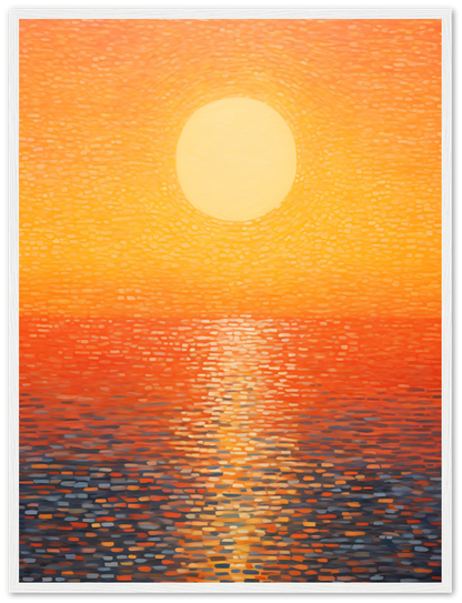 Sunset with vibrant orange hues reflected over water, framed wall art.