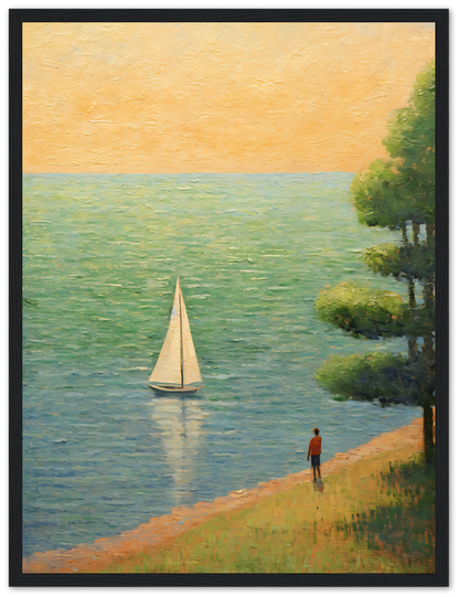 A painting of a person standing by a lakeshore watching a sailboat at sunset, framed beautifully.