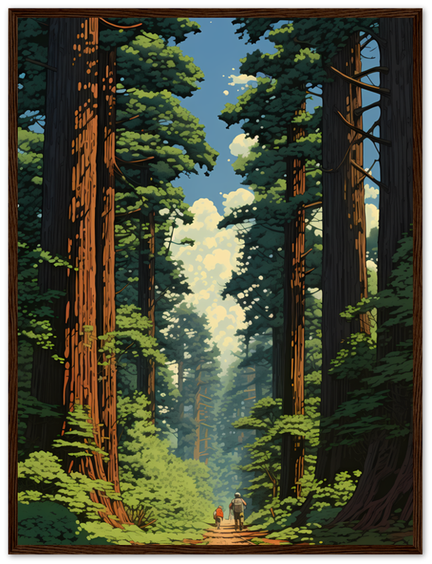 A framed illustration of two people walking in a forest with towering trees.