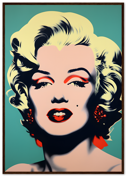 An iconic pop art style portrait of a blonde female celebrity with red lips and earrings.