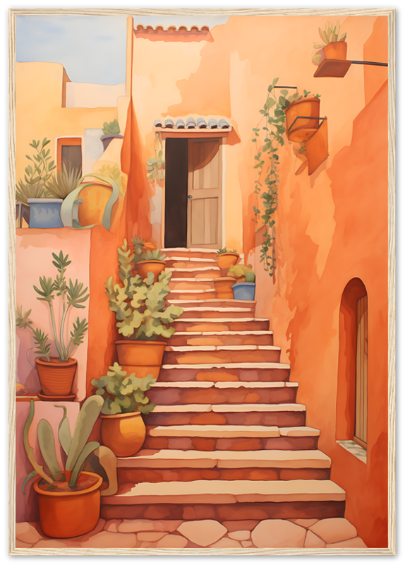 A warm-toned painting of a quaint Mediterranean-style street with plants and stairs.