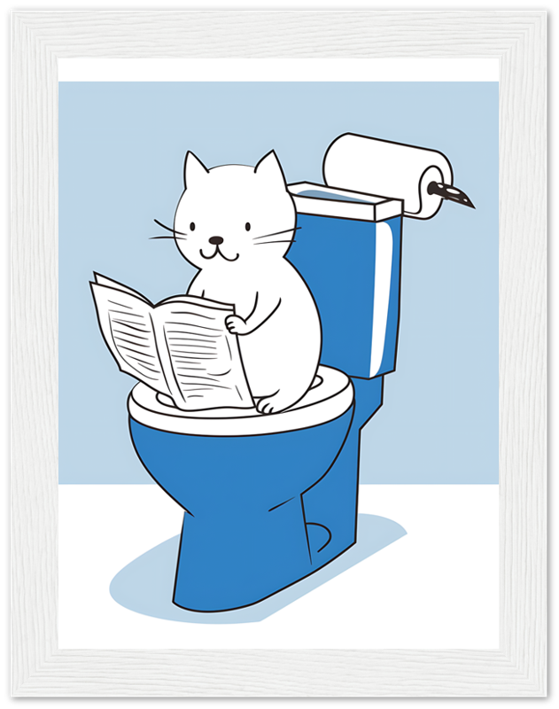 A cartoon of a cat reading a newspaper while sitting on a toilet.