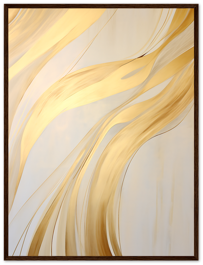 Abstract golden swirls artwork framed on a wall.