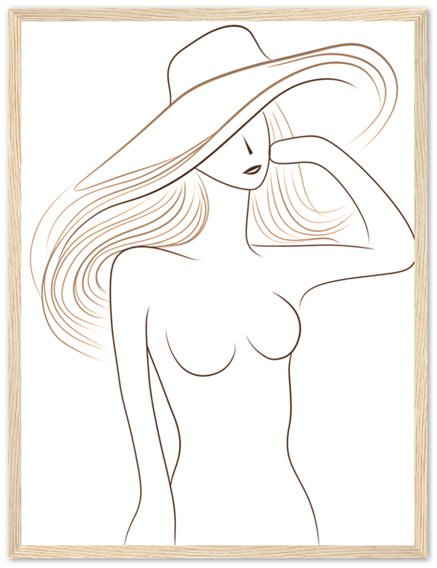 Stylized line drawing of a woman wearing a wide-brimmed hat.