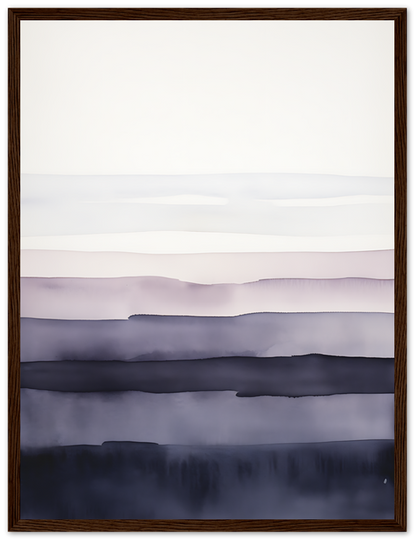 A framed, muted watercolor painting of misty, layered hills.