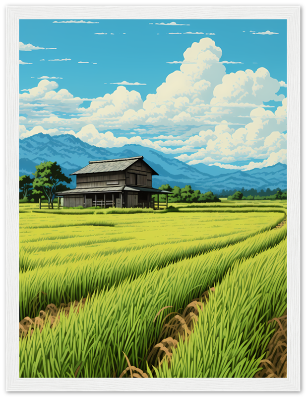 Illustration of a traditional wooden house amidst vibrant rice fields with mountains and clouds in the background.