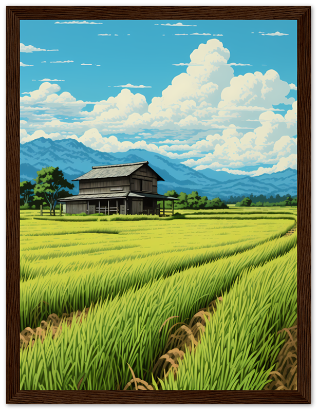 Illustration of a traditional house in a rice field with mountains in the background, framed as a painting.