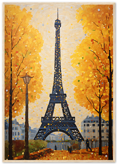 Impressionist painting of the Eiffel Tower with autumn trees.