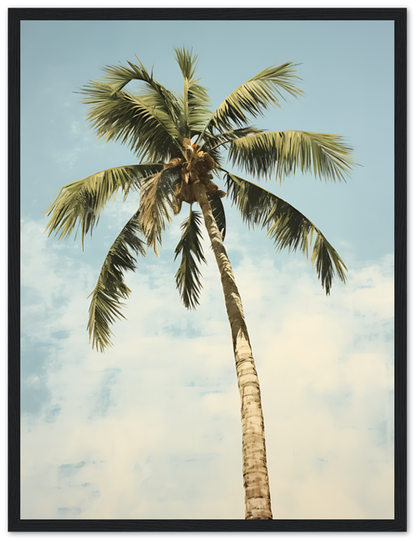 A framed painting of a palm tree against a cloudy sky.