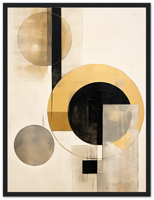 Abstract geometric painting with circles and squares in black, white, and gold tones.