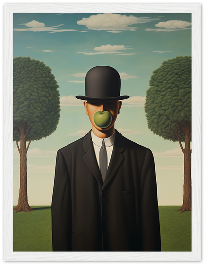 An illustration of a man in a suit with an apple obscuring his face and a bowler hat.