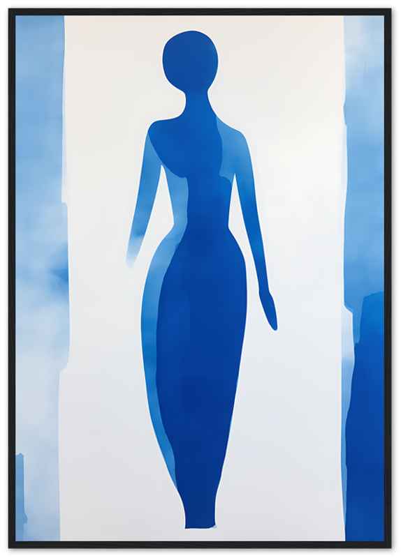 Silhouette of a woman in blue against a lighter blue background.