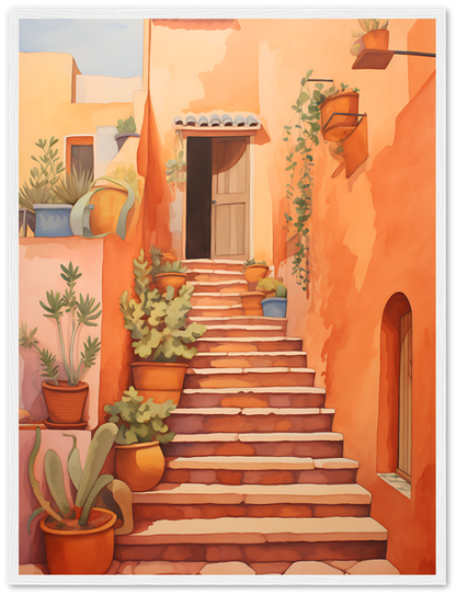 Illustration of a warm, sunny stairway with potted plants leading up to a door.