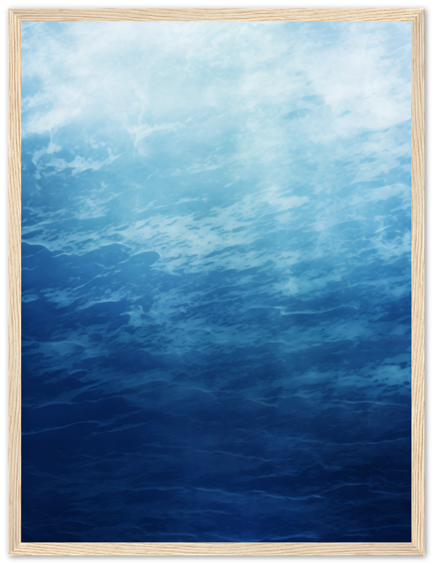 Painting of a tranquil blue ocean view with clouds, framed in dark wood.