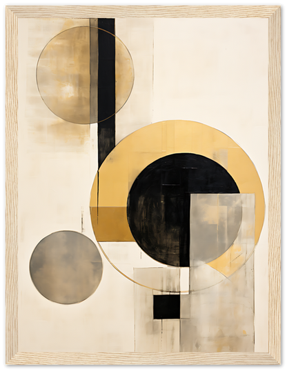 Abstract art with geometric shapes, featuring circles and squares in muted tones, framed.