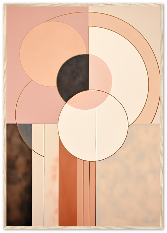 Abstract geometric art with overlapping circles and rectangles in pastel tones.