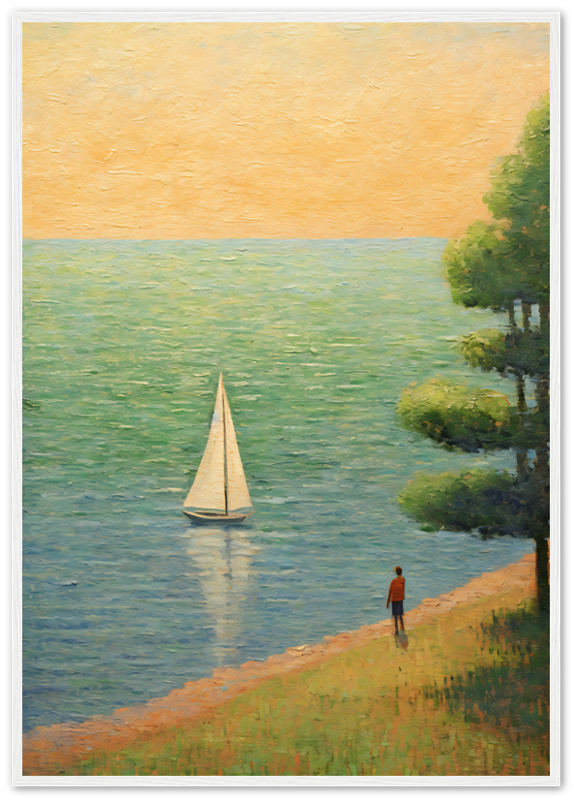 Painting of a person standing by a lake watching a sailboat at sunset.