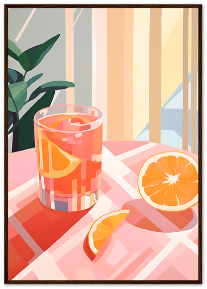 A colorful illustration of a glass of iced drink with orange slices on a striped tablecloth.
