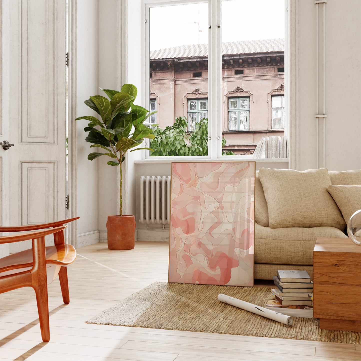 A cozy living room with a modern sofa, wooden table, plants, and abstract art.